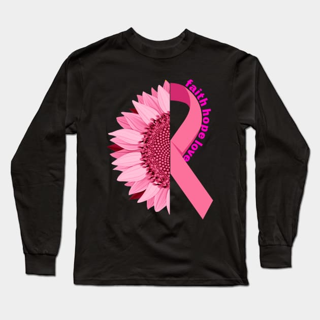 Breast Cancer Awareness Pink Sunflower Ribbon Long Sleeve T-Shirt by liolakimber